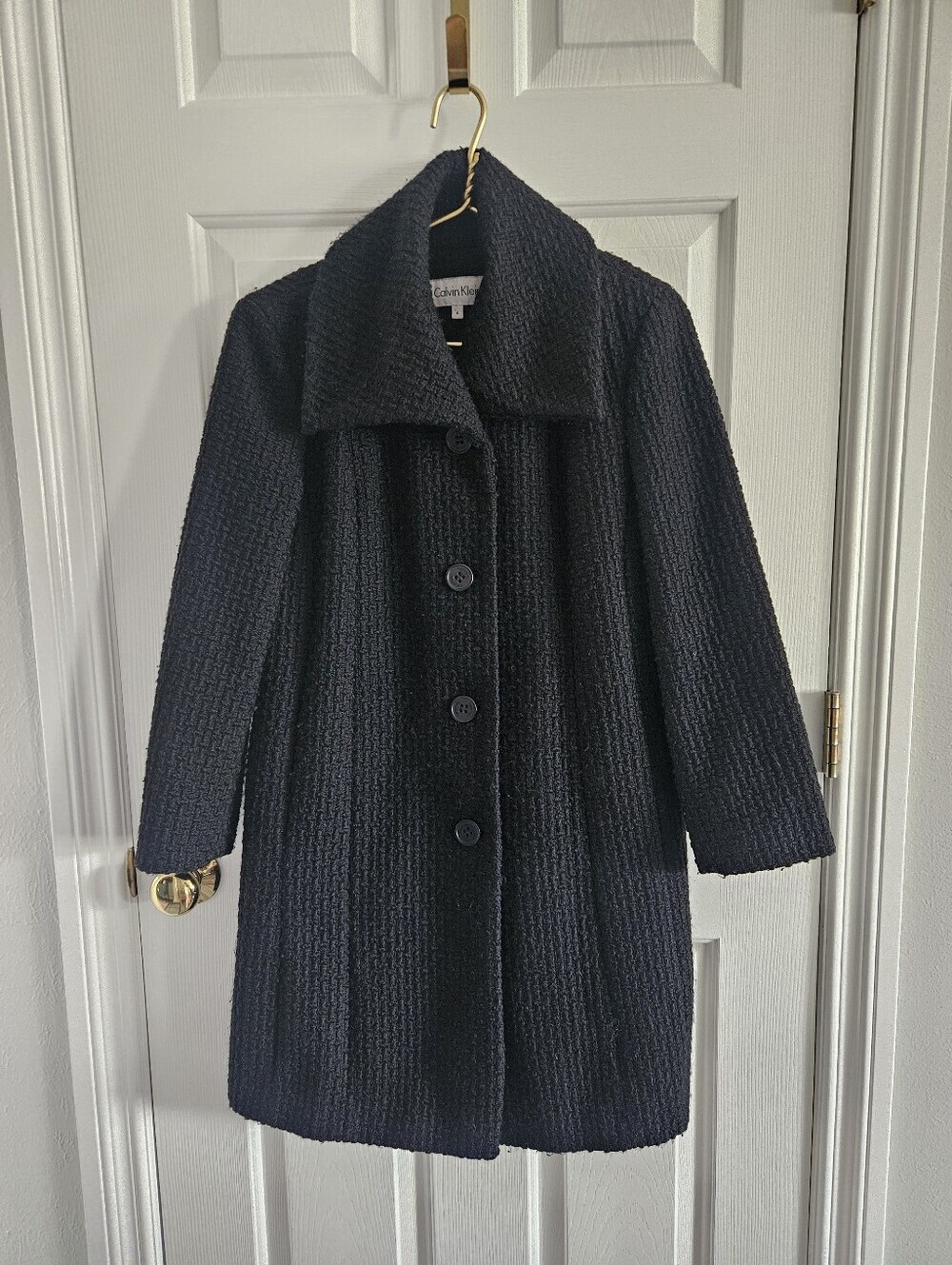 Vintage/Y2K Calvin Klein Wool Black Tweed Midi A-Line Coat